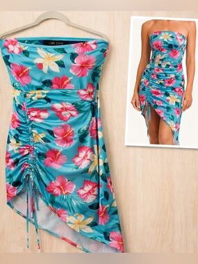 CBR Tropical Floral Strapless Dress Blue Pink Ruched Asymmetrical Medium